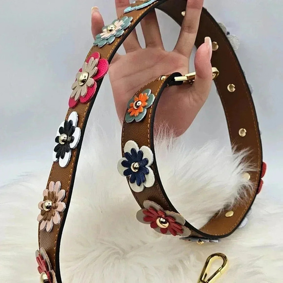 💯%  Genuine Leather Brown Floral Bag Strap - Picture 1 of 6